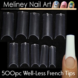 May include: 500 clear plastic well-less French nail tips for nail art. The tips are arranged in rows on a black surface. The tips are designed to be used with gel or acrylic nail extensions.