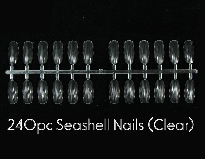Op de afbeelding: Een set van 24 doorzichtige kunstnagels van plastic in de vorm van een schelp. De nagels zijn in twee rijen op een plastic strip gerangschikt.