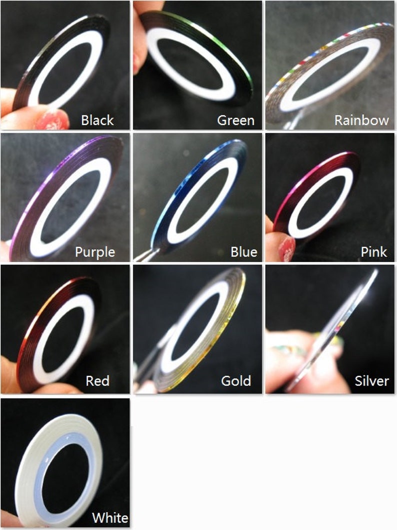 May include: Assortment of 10 rolls of metallic nail art striping tape in various colours, including black, green, rainbow, purple, blue, pink, red, gold, silver, and white.