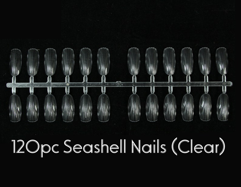 Op de afbeelding: Een set van 12 doorzichtige kunststof valse nagels in de vorm van een schelp. De nagels zijn gerangschikt in twee rijen van zes op een plastic strip. 120pc Seashell Nails (Clear)