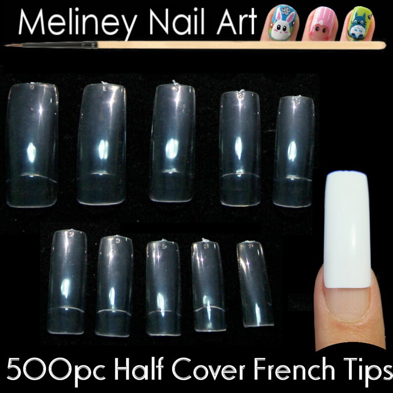 May include: A set of 500 clear plastic half-cover French nail tips. The tips are arranged in rows of different sizes. The text "500pc Half Cover French Tips" is at the bottom of the image.