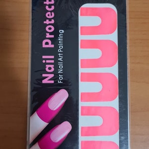 May include: Pink peel-off nail tape for nail art. The packaging shows 10 pieces of tape on a sheet. The text on the packaging reads "New, Beautiful Peel Off Tape, Nail Protector, For Nail Art Painting, 10 PCS in 1 sheet".