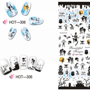 Puede incluir: Pegatinas de arte de u&ntilde;as de Halloween en blanco y negro con im&aacute;genes de calabazas, murci&eacute;lagos, esqueletos, brujas y un cementerio. Las pegatinas tambi&eacute;n incluyen el texto "Night Party" y "Beautiful Finger HOT-306".