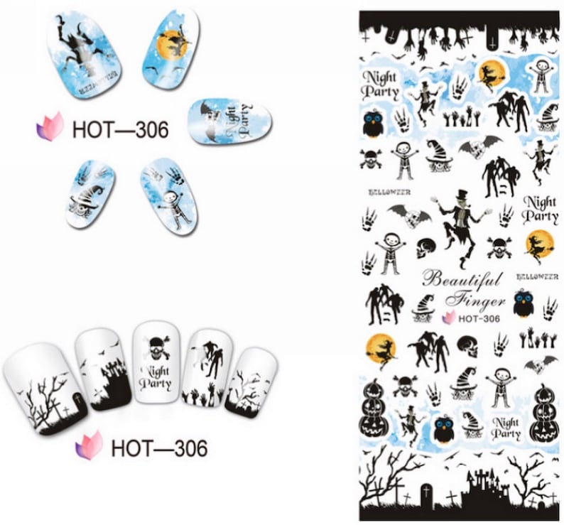 Puede incluir: Pegatinas de arte de u&ntilde;as de Halloween en blanco y negro con im&aacute;genes de calabazas, murci&eacute;lagos, esqueletos, brujas y un cementerio. Las pegatinas tambi&eacute;n incluyen el texto "Night Party" y "Beautiful Finger HOT-306".