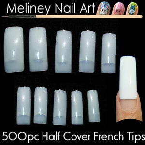 500pc Half Cover French Tips False Nail Tips Fingernail Manicure Acrylic gel DIY Clear white natural fake nails long Half French(Natural)
