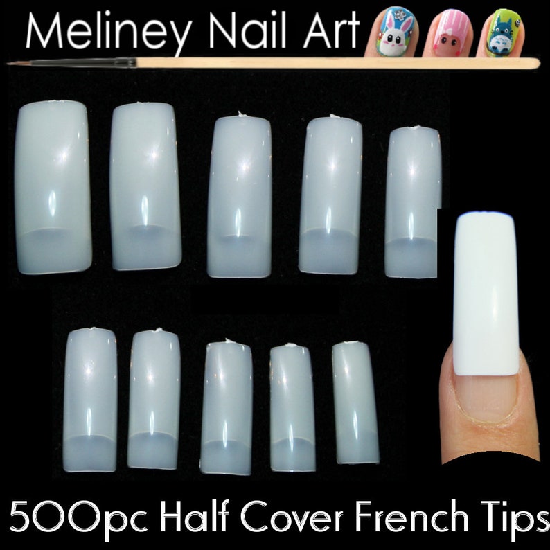 May include: 500 clear plastic half-cover French nail tips in various sizes. The tips are arranged in rows on a black background. The tips are designed to be used for nail extensions.