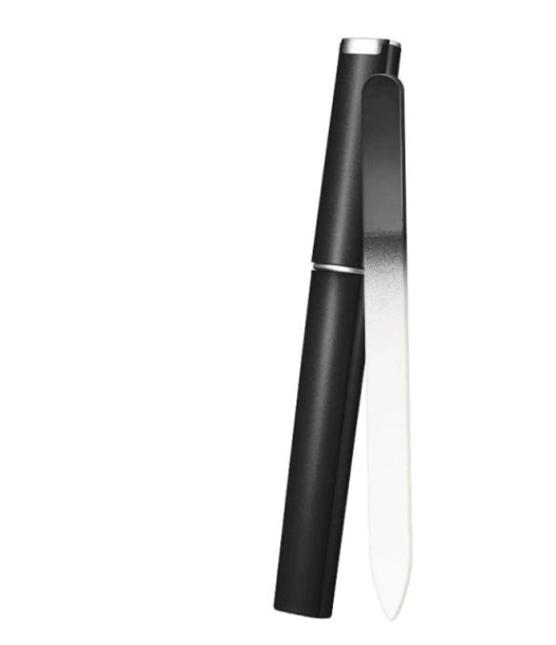 May include: A black nail file with a silver cap and a white glass nail file.