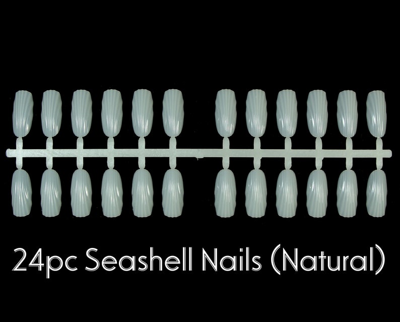 Op de afbeelding: Een set van 24 natuurlijke, schelpvormige kunstnagels in een plastic houder. De nagels zijn gerangschikt in twee rijen van 12.