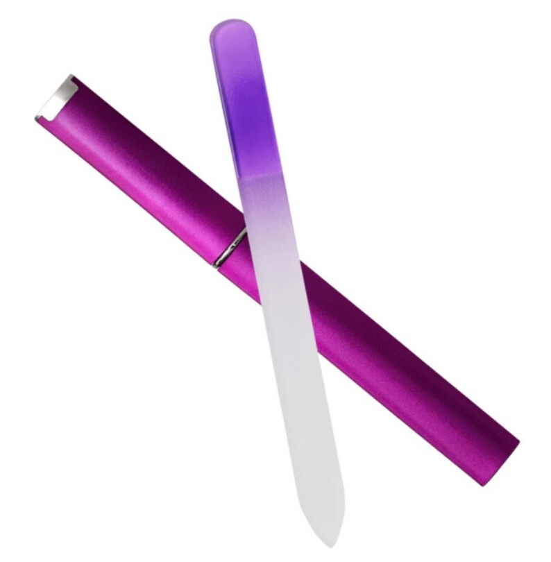May include: A purple nail file with a clear glass surface and a purple plastic case.