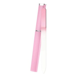 May include: A pink nail file with a white, rectangular case. The file is made of glass and has a smooth, polished surface.
