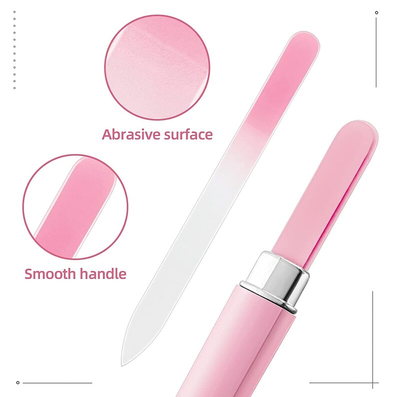 May include: A pink glass nail file with a smooth handle and an abrasive surface. The file is retractable and fits into a pink case.