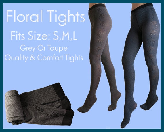 Floral Tights Patterned Stockings Colored Taupe Brown Grey 