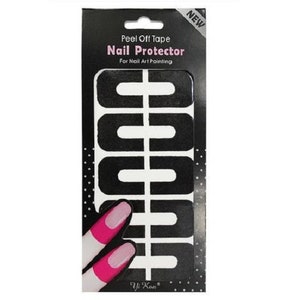 May include: Peel Off Tape Nail Protector for Nail Art Painting. A pack of black nail art tape with a design of multiple curved shapes. The pack shows two fingers with pink nail polish and black nail art tape.