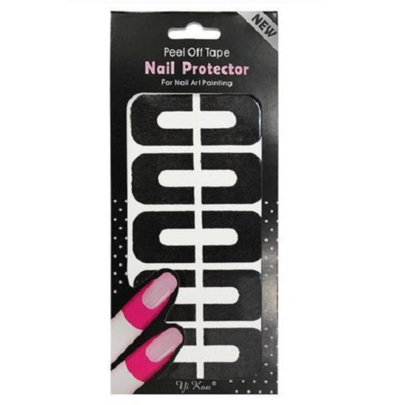 May include: Peel Off Tape Nail Protector for Nail Art Painting. A pack of black nail art tape with a design of multiple curved shapes. The pack shows two fingers with pink nail polish and black nail art tape.