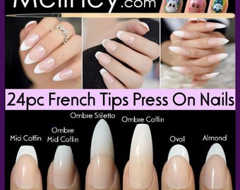 24pc Press on nails Full Cover Nail French Tips Natural Finger False Fake nail art Manicure Acrylic UV Gel Long Short Stickers Tabs