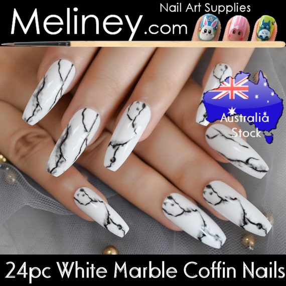 STILETTO *LACQUERED UP* White Marble Black 24 Full Cover Nail Tips Glue  Set! | eBay
