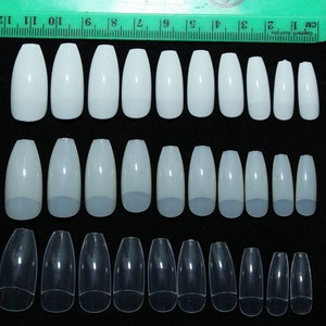 May include: Three rows of white and clear plastic false nails in various sizes. The nails are arranged in rows from smallest to largest. A ruler is visible at the top of the image.