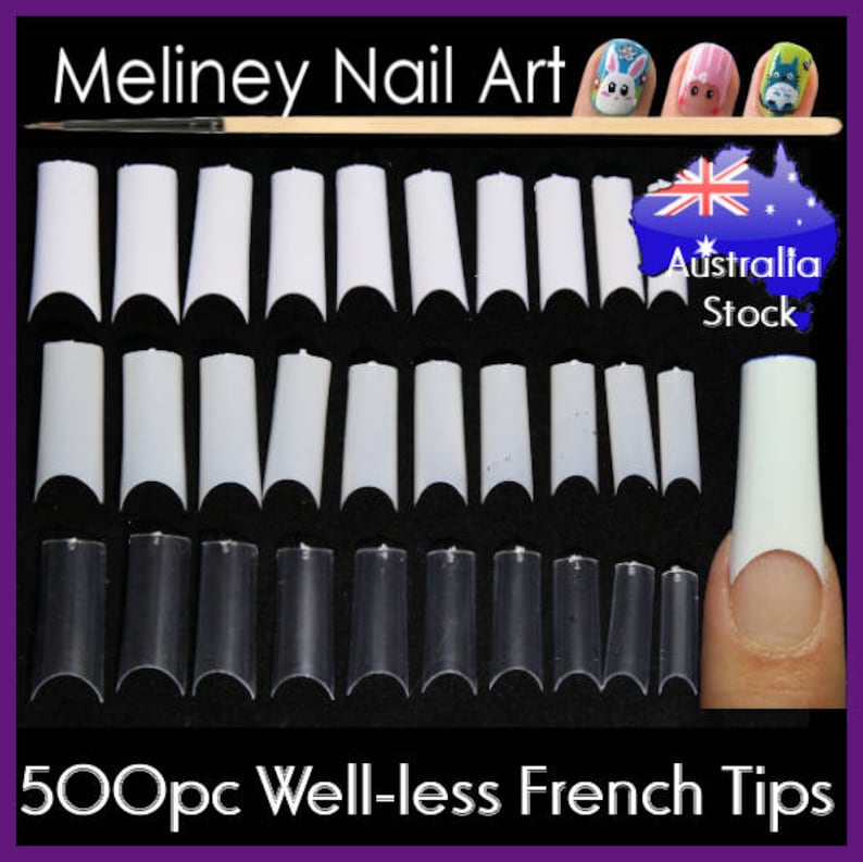 May include: 500 white and clear plastic well-less French nail tips. The tips are arranged in rows on a black surface. The text "Meliney Nail Art" is at the top of the image. The text "Australia Stock" is in a blue and white circle at the top right of the image.