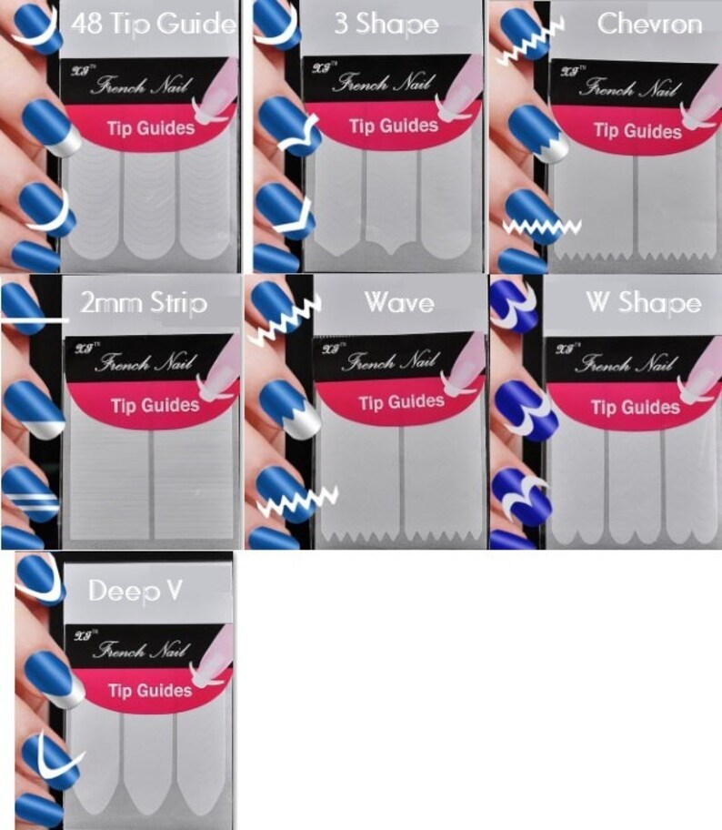 Puede incluir: Conjunto de 48 gu&iacute;as para puntas de u&ntilde;as de manicura francesa en varias formas, incluyendo una tira de 2 mm, una ola, una forma de W, un chevron, una forma de 3 y una V profunda. Las gu&iacute;as son transparentes y vienen en un paquete de pl&aacute;stico con un dise&ntilde;o de u&ntilde;as azul y blanco en la parte delantera.