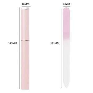 May include: A pink nail file with a white tip, measuring 141 mm long and 12 mm wide. The file is in a protective case, measuring 149 mm long and 16 mm wide.