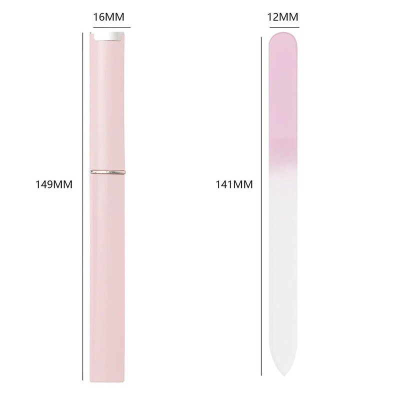 May include: A pink nail file with a white tip, measuring 141 mm long and 12 mm wide. The file is in a protective case, measuring 149 mm long and 16 mm wide.
