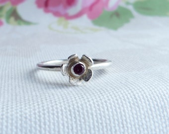 Sterling Silver Daisy Flower Stacking Ring with Pink Tourmaline Semi Precious Gemstone