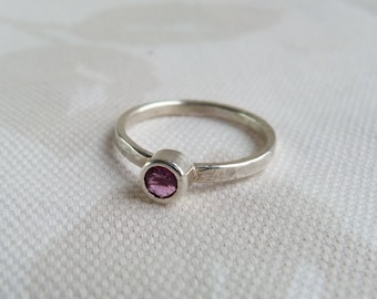 Sterling Silver Pink Tourmaline Solitaire Stacking Ring. October Birthstone gift for women.