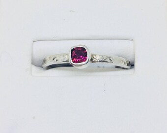 Sterling Silver Pink Tourmaline Stacking Solitaire Ring with Square Setting for Women