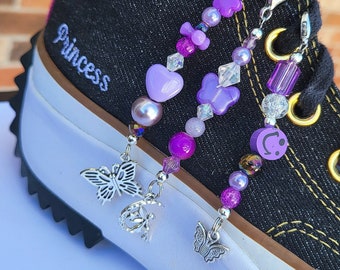 Purple, shoe charms, shoe beads, sneaker clips, shoe accessories, beaded shoe charms, jewelry, aesthetic, beaded shoe chain, gifts, converse