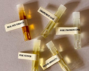 Natural Fragrance Samples: Oud, Vetiver, Patchouli, Sandalwood, Pine, Frankincense, Split Wood, Pineapple scents