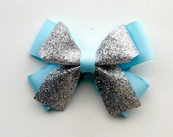 Glitter Silver and Light Blue Hair Bow Clip