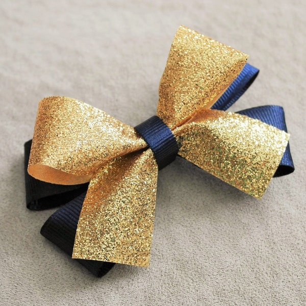 Glitter Gold and Navy Hair Bow Clip