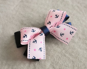 Pink Nautical Anchor and Navy Hair Bow Clip