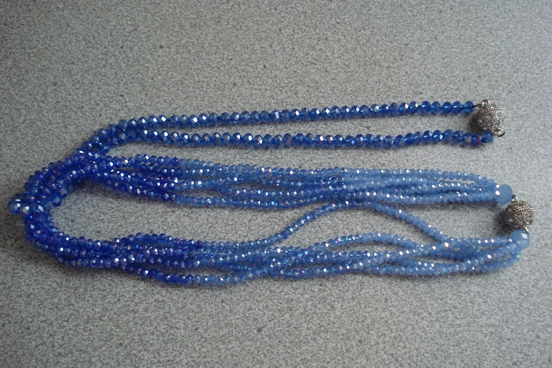 VINTAGE 2 Austrian CRYSTAL NECKLACES Sapphire and Baby Blue 5 Strand /& Single Strand Rhinestone Clasp