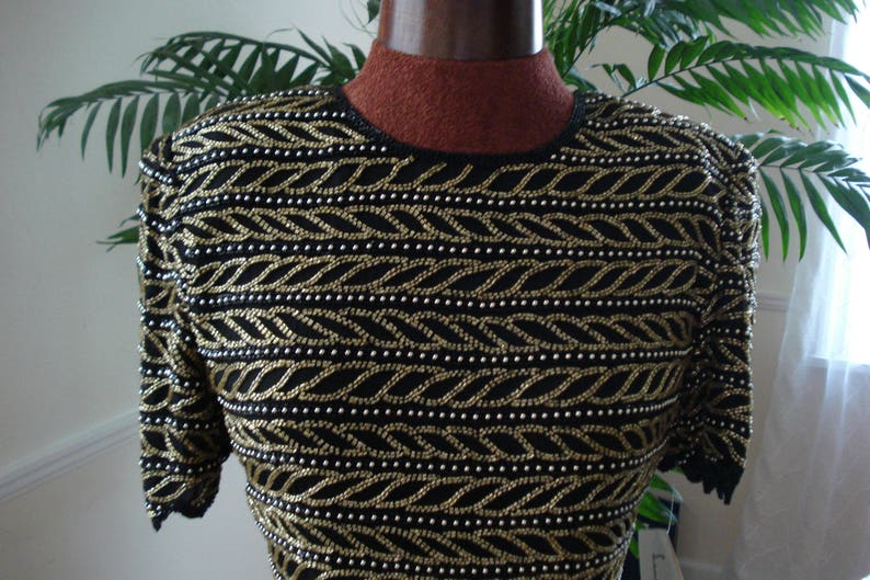 VINTAGE LAURENCE KAZAR Beaded Evening Top. 1980's Collection, 100% Silk, with Gold Beads Party Top. Size P / S. image 1