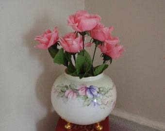 VINTAGE BAVARIA BUDVASE / Hand Painted Footed Vase / Powder Pink & Green w/ Floral Motif / Signed