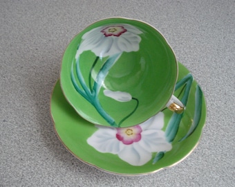 VINTAGE Rare TEA SET by Merit / Made in Occupied Japan / Spring Green & White Orchid Flower Tea Cup and Saucer Set.