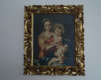 VINTAGE MURILLO'S Mother and Child Art Print of Panting in Gold Ornate Frame / Wall Decor