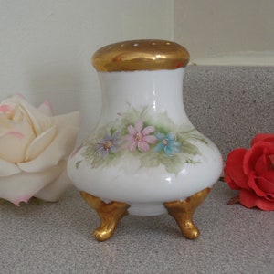 VINTAGE Hand Painted HATPIN HOLDER /Artist Signed / Powder Gray-Blue Footed Porcelain Muffineer / Floral w/ Gold Feet / Vanity.