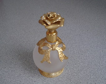 VINTAGE PERFUME BOTTLE / Hollywood Regency / Satin Glass w/ Heavy Gold Accents / Rose Lid / Collectible