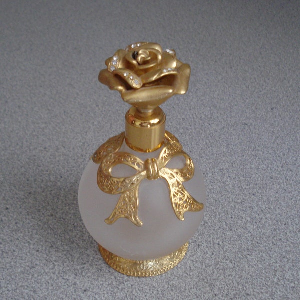 VINTAGE PERFUME BOTTLE / Hollywood Regency / Satin Glass w/ Heavy Gold Accents / Rose Lid / Collectible