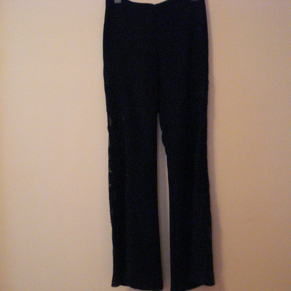 VINTAGE CACHE Black Beaded PANTS / Cache Evening Pants / Beaded Lace on the Sides / Size  2-4