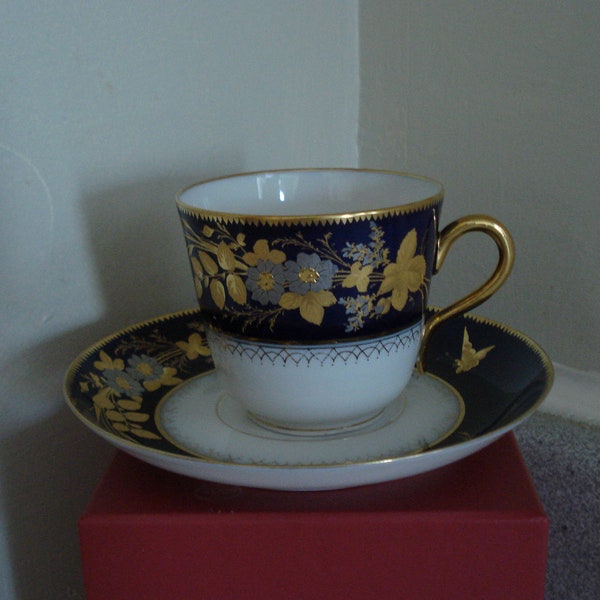 ANTIQUE LIMOGES Very RARE Demitasse Set / Cobalt, Heavy Gold Enamel Encrusted / Floral & Butterfly / Unmarked