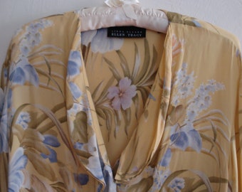 VINTAGE ELLEN TRACY Dressy Blouse / 100% Silk Dark Yellow Mustard Blouse / Ruffle Neck & Bell Cuffs / Size - M