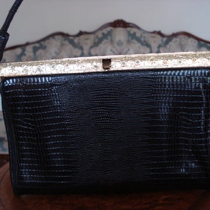 VINTAGE AFTER FIVE Black Leather Evening Handbag / Jeweled Frame Kelly Style Top Handle Purse / Reptile Print Boxy Bag / Signed