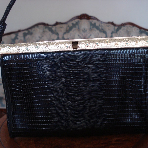 VINTAGE "AFTER FIVE" Handbag. Mid century Cocktail Handbag. Kelly Style Handbag. Faux Reptile Skin Handbag.