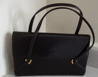 VINTAGE LENNOX HANDBAG / Black Genuine Leather Double Top Handle Bag / Mirror & Comb / Signed