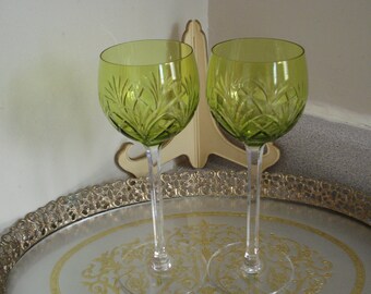 VINTAGE BOHEMIAN Wine GLASSES / Spring Green Harlequin Style Hand Cut Tall Glasses / Perfect Gift Idea.