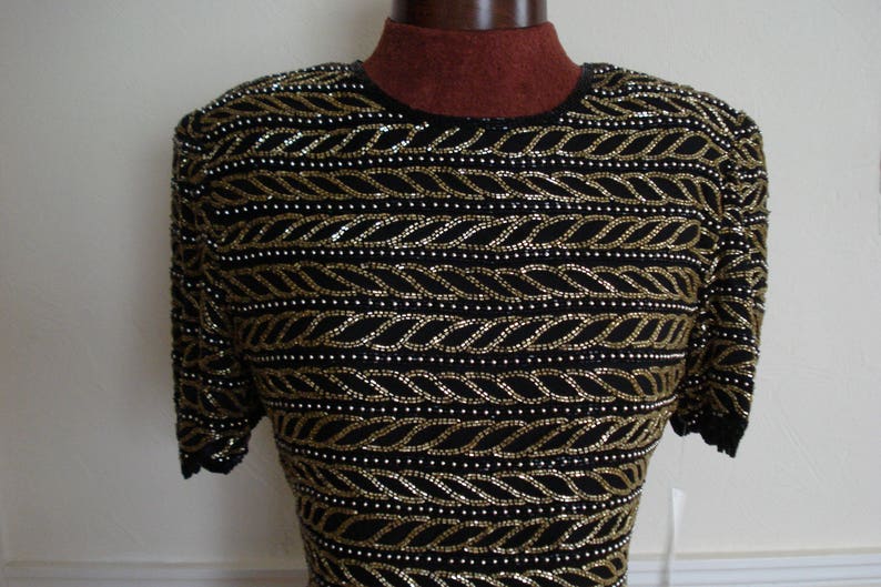 VINTAGE LAURENCE KAZAR Beaded Evening Top. 1980's Collection, 100% Silk, with Gold Beads Party Top. Size P / S. image 6