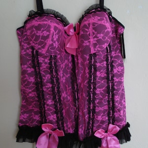 VINTAGE CORSET BUSTIER / New with Tags / Fuchsia & Black Lace Corset w/ Garter Belt / Size - X L.